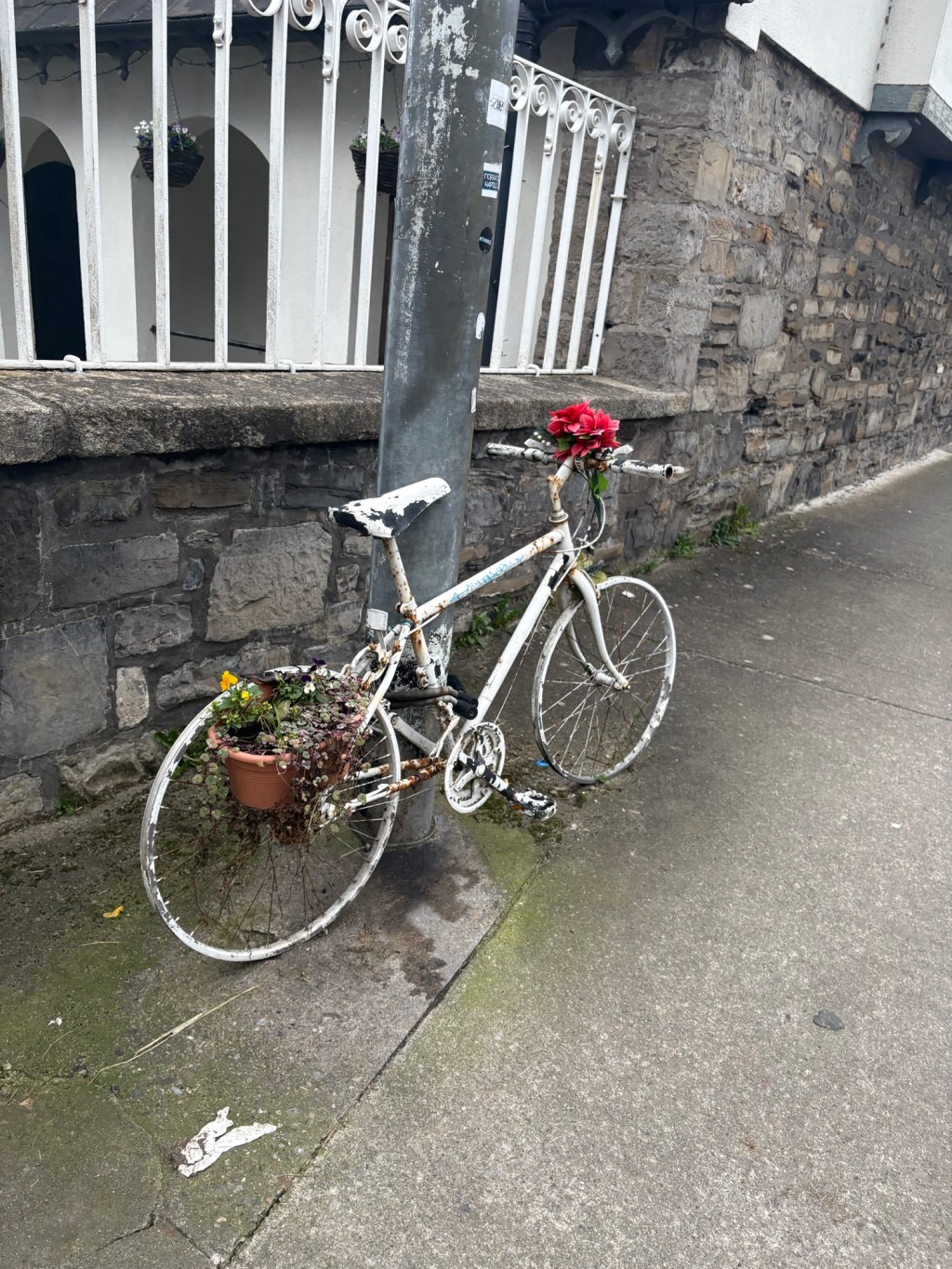 A Ghost Bike, locked to a pole on Chapelizod Road, outside the Islandbridge Gate of the Phoenix Park, in memory of cyclist Daragh Ryan.